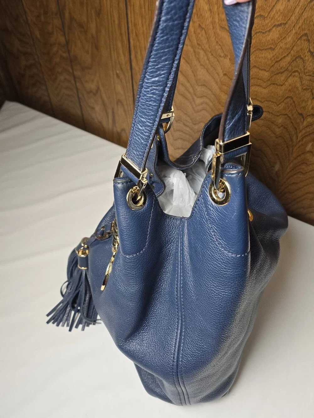 Michael Kors Navy Leather Tassel Shoulder Bag